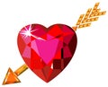 Red ruby heart struck by Cupid arrow