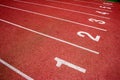 Red running track Synthetic rubber on the athletic stadium. Royalty Free Stock Photo