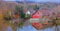 Red Rural Holiday Vacation Wooden House surrounded by Natural Forest Background. Reflection, Exterior, Architectural Landscape