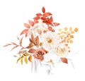 Red, rust, beige, white flowers, brown rose,white dahlia, orchid, hydrangea flower, fall grass, fern, dried leaves Royalty Free Stock Photo