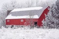 Red rustic barn in winter, covered in rime ice - taken in Minnesota Royalty Free Stock Photo
