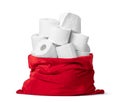 Red sack of Santa Claus full of toilet paper isolated on white background. File contains a path to isolation.