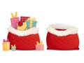 Red sacks of Santa. Empty and filled with gifts. Present for christmas celebration in big sack. Vector illustration