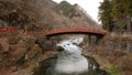 Red sacred wooden bridge in Nikko Japan