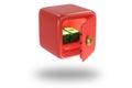 Red safe with money and dollars. Icons of safe for bank. Vault with lock. Protection, security concept. 3D render