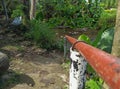 Red safety railings serve as a handrail when heading towards the clear river.