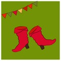 Red saffian boots. Card with objects of the national Russian costume. Shoes with heels. Symbols of the holiday