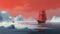 Red Ship Floating On Icy Landscape: A Massurrealistic Epic Royalty Free Stock Photo