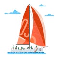 Red sail sailing yacht with a large team of 8 people. Sailing yacht. Vector isolated illustration.