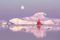 Red sailboat cruising among icebergs. Royalty Free Stock Photo