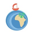 A red sailboat floats on the sea on a substitute ball to Africa. Abstraction vector image. Float on the ship. Icon or