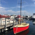 Red sailboat moored at the Petosky City Marina in Michigan. Royalty Free Stock Photo