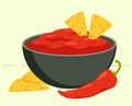 Salca Sauce In The Bowl With Chili Pepper And Nachos Food Vector Illustration In Flat Style
