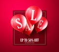 Red sale balloons vector banner design. Balloons with sale text flying