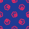 Red Sale of honeycomb icon isolated seamless pattern on blue background. Honey cells symbol. Sweet natural food. Vector Royalty Free Stock Photo