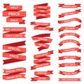 Red sale ribbons set isolated on white background. Curved paper, fabric tapes with text for discount