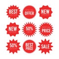 Red sale starburst sticker set - collcetion of stared round labels and badges with best offer and discount signs. Royalty Free Stock Photo