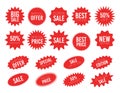 Red sale starburst sticker set - collcetion of stared round and oval labels and badges with best offer and discount sign Royalty Free Stock Photo