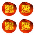 Autumn red sale stickers set 10%, 20%, 30%, 40% off Royalty Free Stock Photo