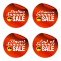 Red summer sale stickers sizzling, clearance, biggest, end of with funny sun icon