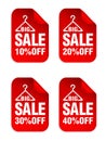 Red sale stickers set with hangers for clothes. Big Sale 10%, 20%, 30%, 40% off Royalty Free Stock Photo