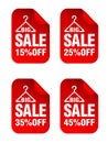 Red sale stickers set with hangers for clothes. Big Sale 15%, 25%, 35%, 45% off Royalty Free Stock Photo