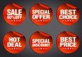 Red sale stickers set 90% off, hot deal, best choice, best price, special offer, special discount with stars on a dark background