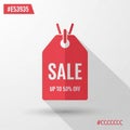 Red sale tag design with SALE text in bold, white font, and UP TO 50% OFF Royalty Free Stock Photo
