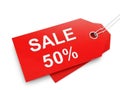 Red sale tag 50% off isolated on white background Royalty Free Stock Photo