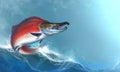 Red salmon on white background jumps out of water, spawning fish, red caviar. Red salmon realistic illustration. Big red fish on