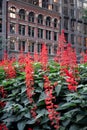 Red salvia flowers in the city with buildings background. Royalty Free Stock Photo