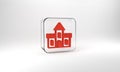 Red Sand castle icon isolated on grey background. Glass square button. 3d illustration 3D render Royalty Free Stock Photo
