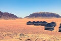 Red sand desert and Bedouin camp at sunny summer day in Wadi Rum, Jordan. Middle East Royalty Free Stock Photo