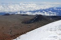 Red sands of Mauna Kea volcano with snow, Hawaii