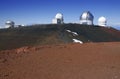 Red sands of Mauna Kea volcano with snow, Hawaii