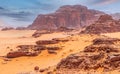 Red sand, mountains and marthian landscape of Wadi Rum desert, Jordan Royalty Free Stock Photo