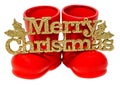 Red Santa Claus boots, shoes with Merry Christmas write, letters isolated, white background. Royalty Free Stock Photo