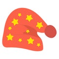 Red Santa Claus hat with yellow stars and fluffy brown bobble. Festive Christmas cap with star decorations vector