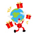 christmas red santa lift world earth globe gift box cartoon doodle flat design style