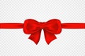 Red satin bow and horizontal ribbon isolated on transparent background. Tied luxury red bow for greeting card, gift box and other Royalty Free Stock Photo