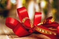 Red satin gift bow. Ribbon. Macro close up Royalty Free Stock Photo