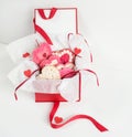 Red Satin Gift Box of Pink Valentine Cookies Royalty Free Stock Photo