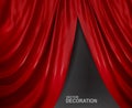 Red satin open Curtain. Realistic Vector object Isolated on gray background. Element for design