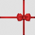 Red satin realistic bow. Scarlet decorative knot and silk ribbons. Wrap element on transparent background. Tie holiday Royalty Free Stock Photo
