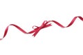 Red satin ribbon isolated on white. Holiday curled decor, christmas present decoration. Festive element