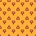 Red Sauce bottle icon isolated seamless pattern on brown background. Ketchup, mustard and mayonnaise bottles with sauce Royalty Free Stock Photo