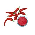 Red sauce icon. Red peppers around plate of sauce. Spicy red pepper sauce. Mexican food, Latin American food. Fast food. Icon for