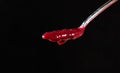Red sauce for meat in a metal spoon on a black background close-up. Tkemali