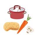 Red saucepan with copper lid. Ingredients for the preparation of mushroom soup: potatoes, carrots, shumpinion. Icon for