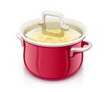Red saucepan with lid. Kitchen tableware. Royalty Free Stock Photo